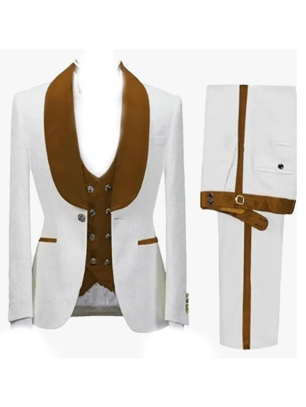 Wangyue Mens Slim Fit White Tuxedo Blazer & Brown Waistcoat Suit Set Size 36 NWT